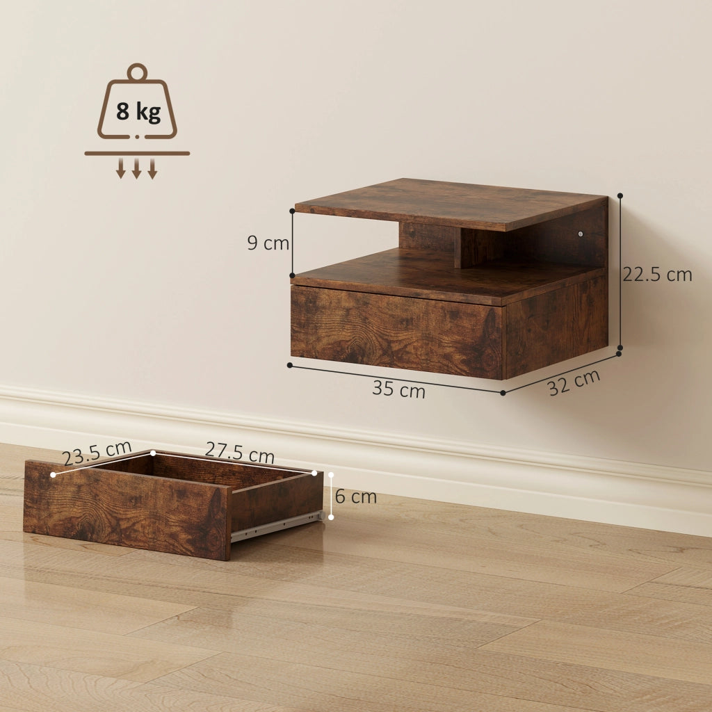 Set di 2 Comodini Sospesi con Cassetto e Mensola Aperta, 35x32x22.5 cm, Marrone Rustico