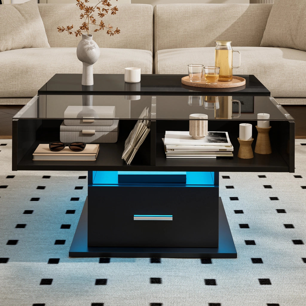 TAVOLINO da caffè alzabile 78x78 cm nero con LED e contenitore
