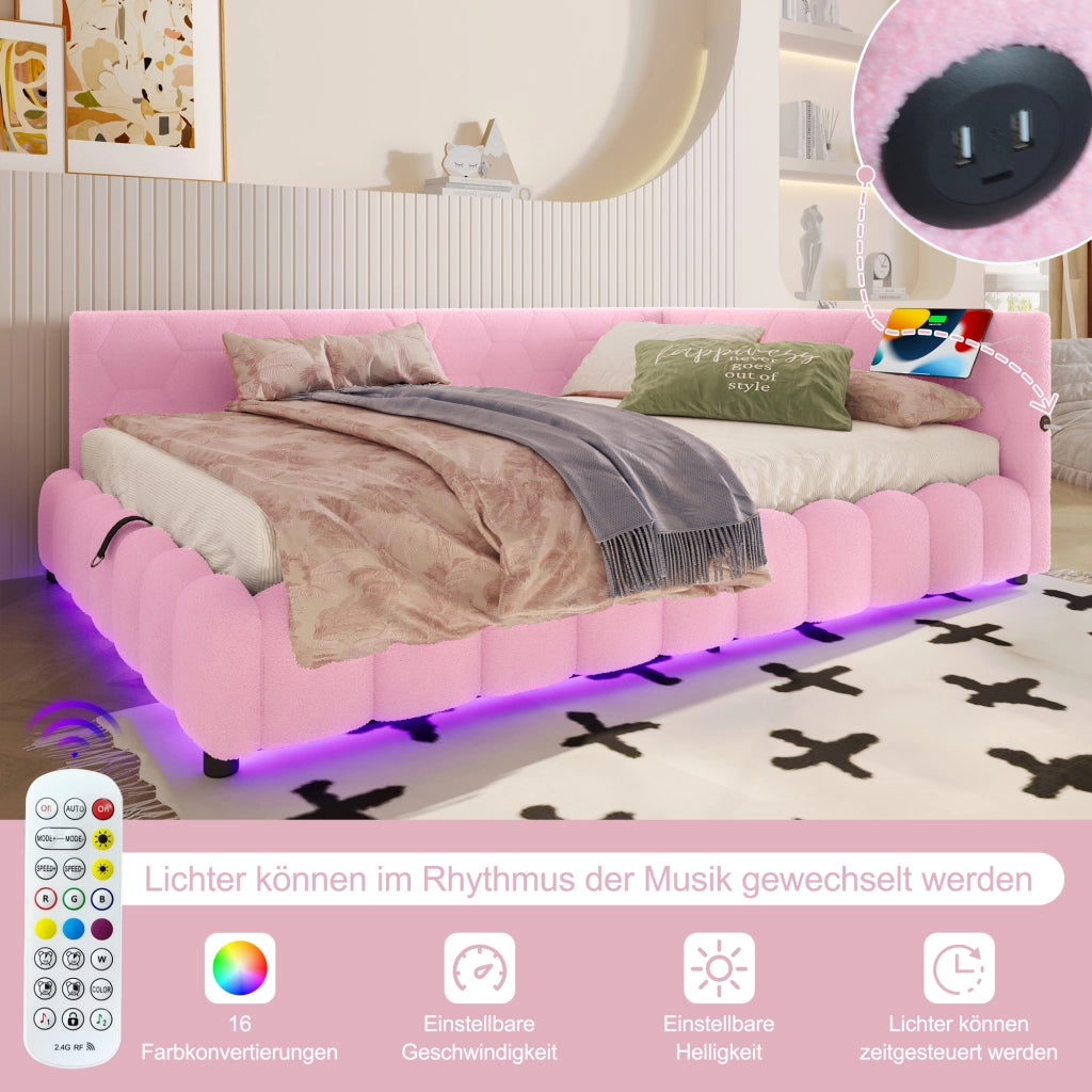 Letto giorno con funzione divano in velluto rosa 140x200 cm