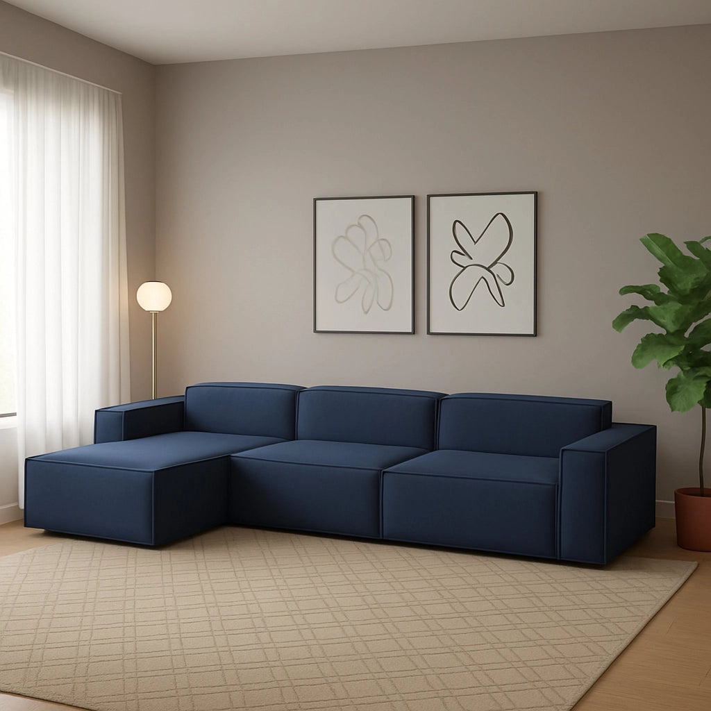 Divano fisso Atrillo, Divano componibile a 4 posti con penisola sinistra, Made in Italy, SofÒ  moderno in tessuto, Cm 340x170h70, Blu