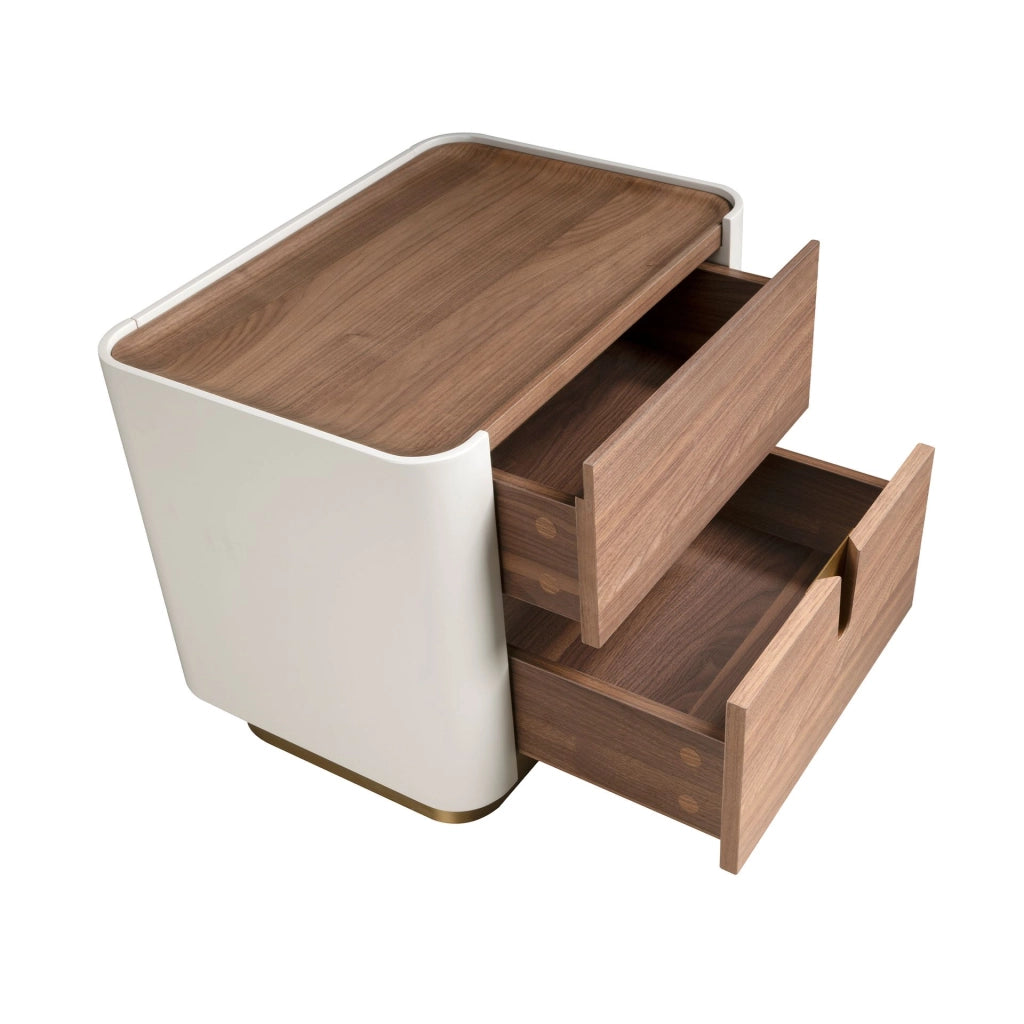 Comodino noce, beige, acciaio lucido dorato e piano in noce