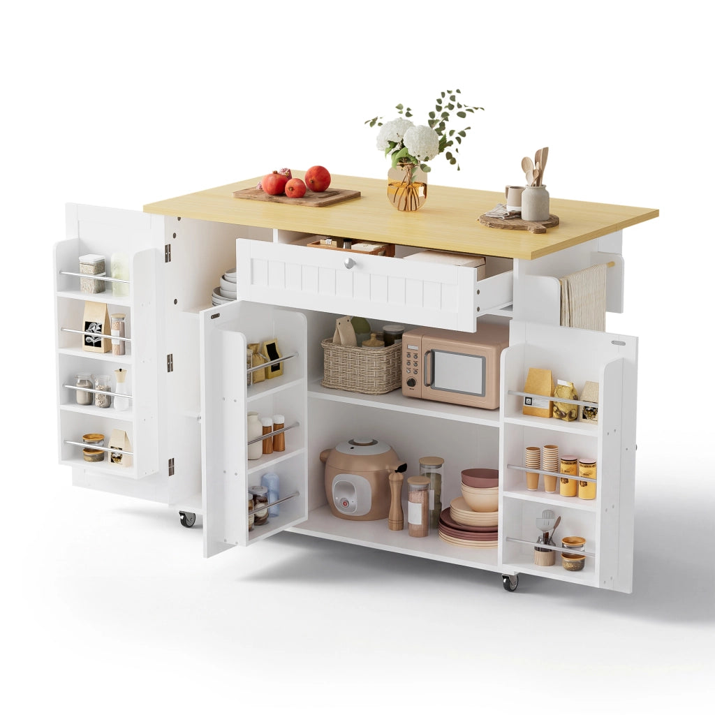 Isola cucina con piano ribaltabile, carrello con cassetto e spazio contenitivo, colore Natural e Bianco