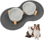 Ciotola per Cane in Ceramica, 400ml Doppia Ciotola per Cane, Ciotola per Cane Elevata con Manico in Bambù e Piastra Antiscivolo per Cani di Piccola e Media Taglia (Grigio)