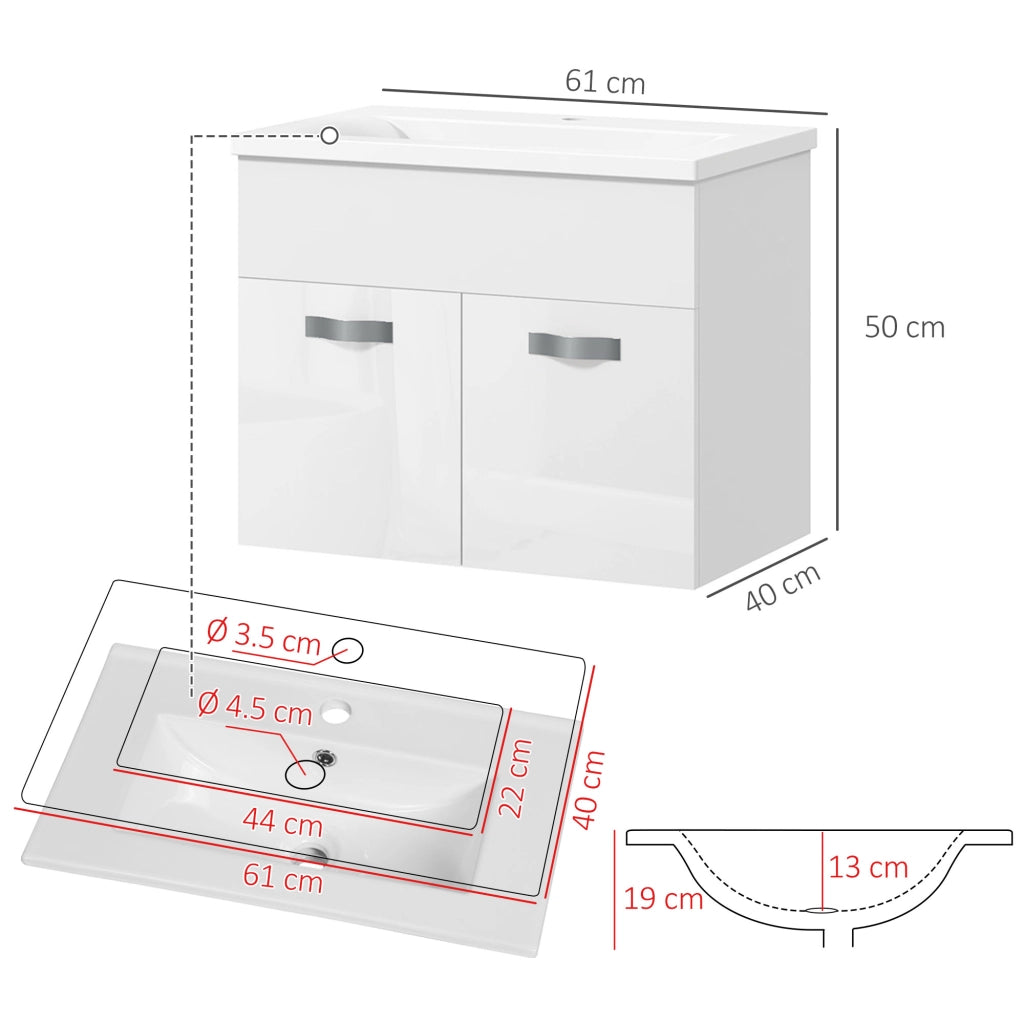 Mobile Bagno Sospeso con Lavabo e Armadietto ¨C Zephmum ¨C Bianco Lucido 61x40x50cm