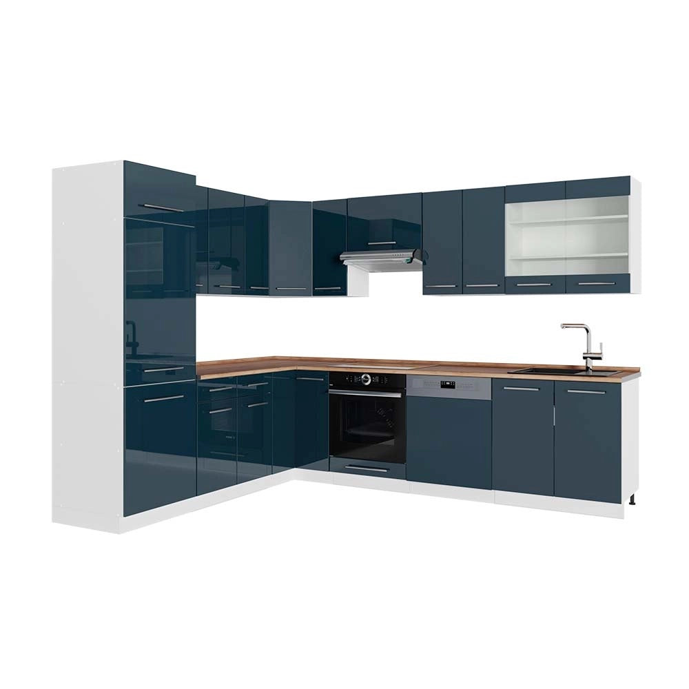 Cucina angolare completa Fame-Line Blu scuro lucido/Bianco 287 x 227 cm, PL Rovere Vicco