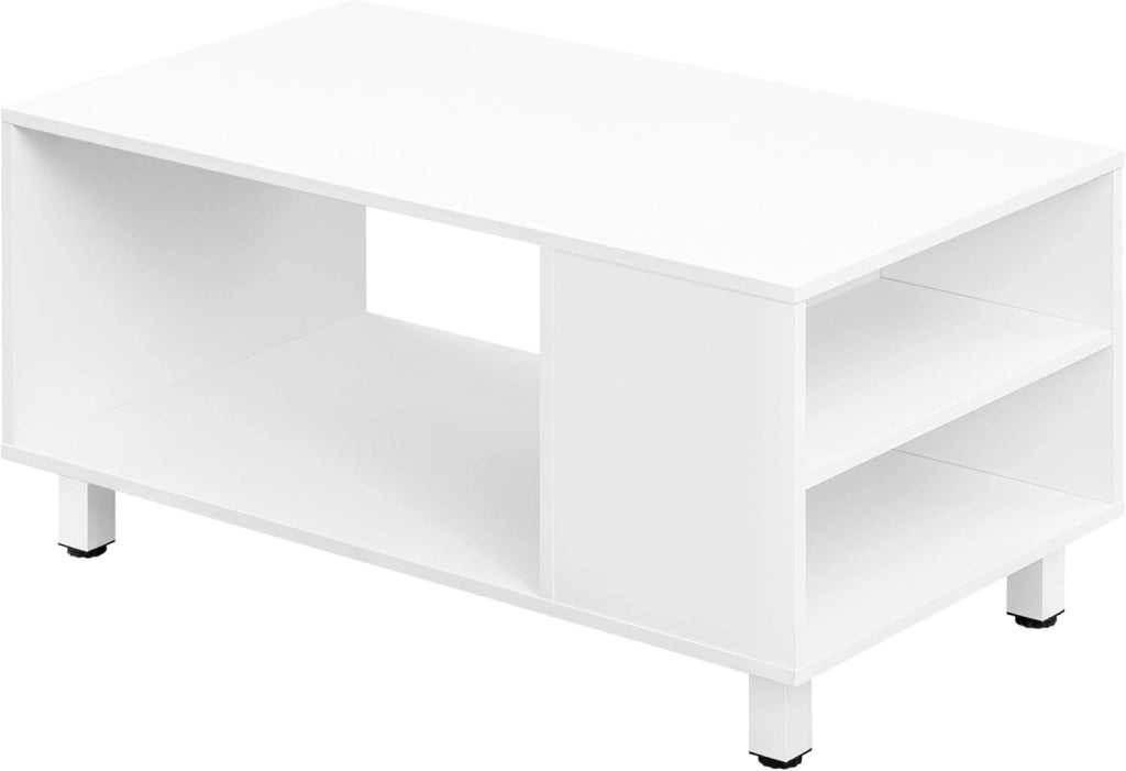 Tavolino con Vano Portaoggetti, Tavolino da Divano con 3 Scomparti, Tavolino da Divano con Gambe in Metallo, per Divano da Salotto, 50 kg Caricabile, 90x50x45 cm, Bianco, BTS23ws