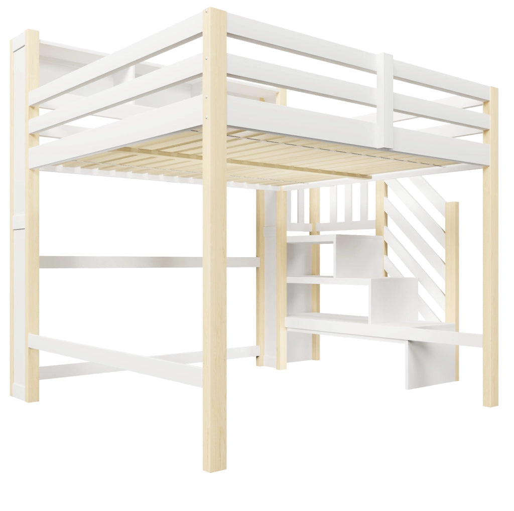 Letto a soppalco 140x200 cm con LED; scala contenitore e ringhiera; bianco e naturale