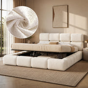 Letto matrimoniale contenitore imbottito 200x200 cm design nuvola bubble con ampio vano; bouclé bianco