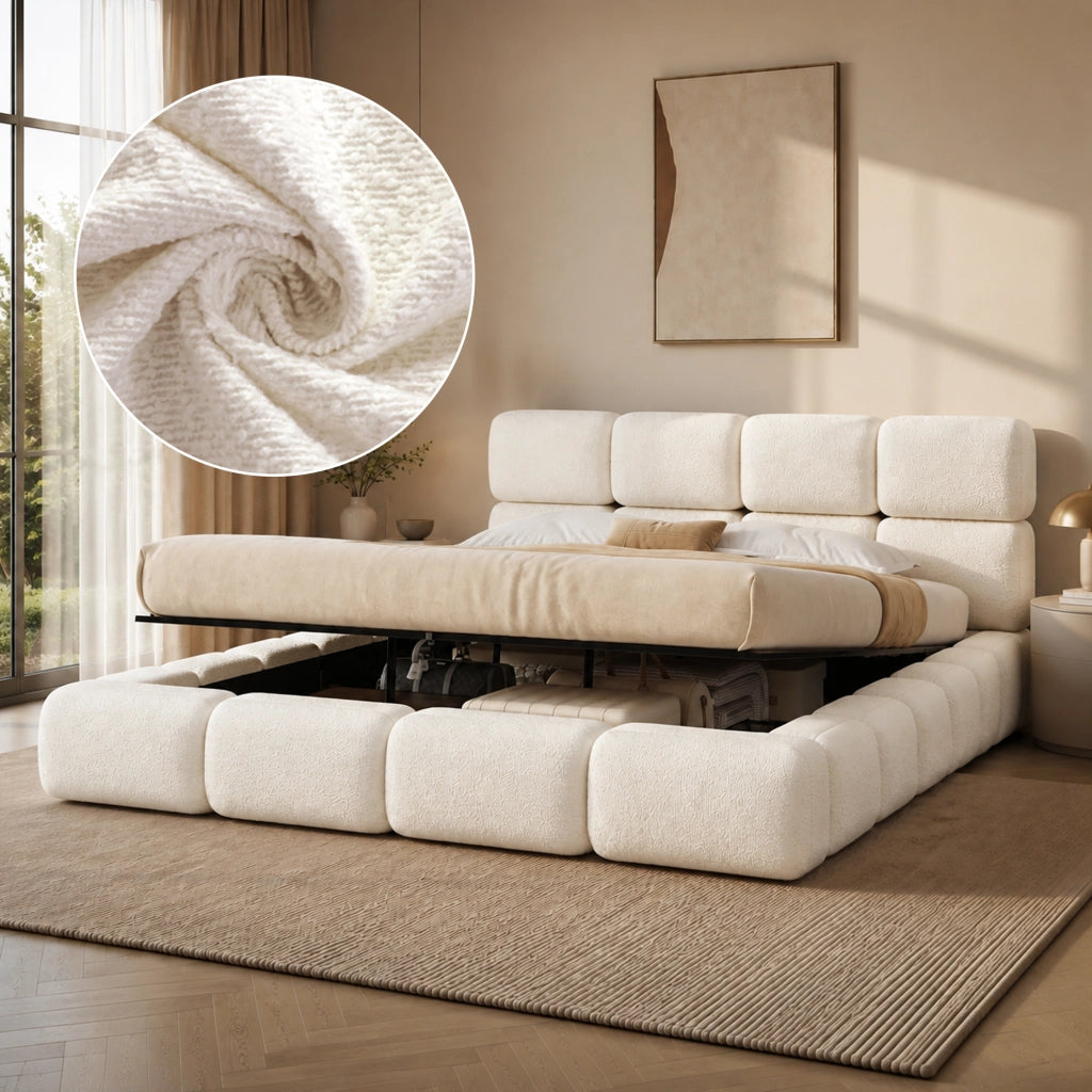 Letto matrimoniale contenitore imbottito 200x200 cm design nuvola bubble con ampio vano; bouclé bianco