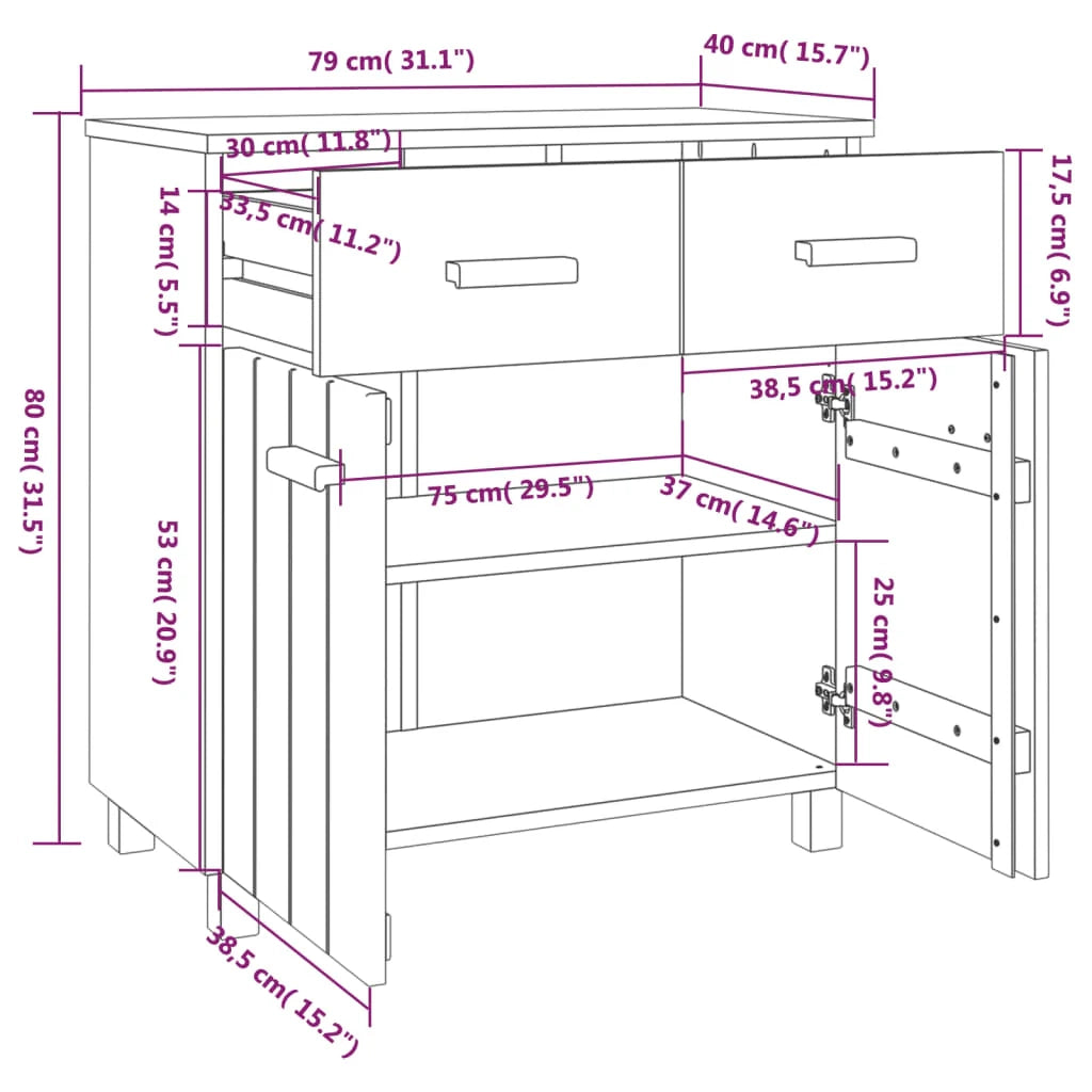 Buffet credenza cassettiera armadio mobile contenitore organizer per cucina soggiorno salotto 79 x 40 x 80 cm legno massello di pino marrone 02_0032176