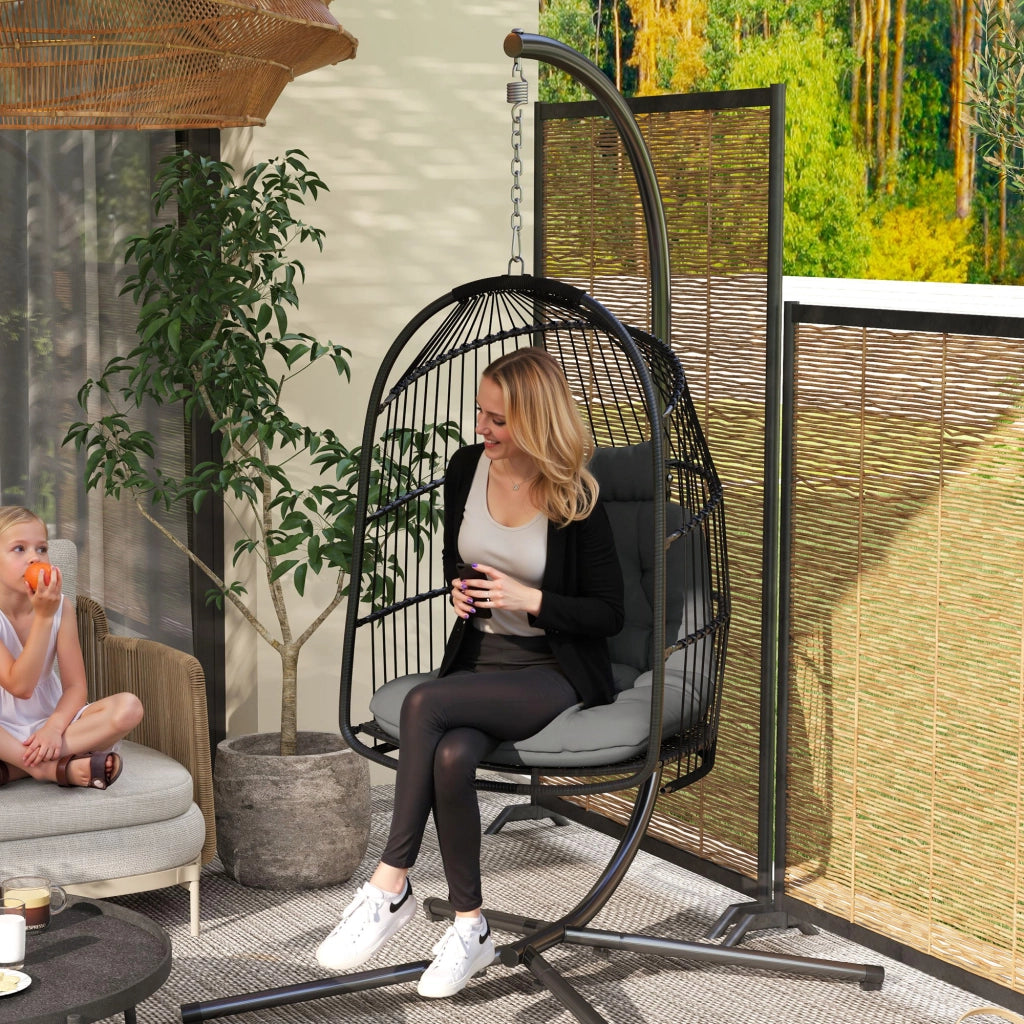 Cesta appendibile con cuscini altalena in rattan polietileno sedia pieghevole da interno caricabile fino a 150kg altalena appendibile in vimini per balcone in soggiorno terrazza grigio scuro