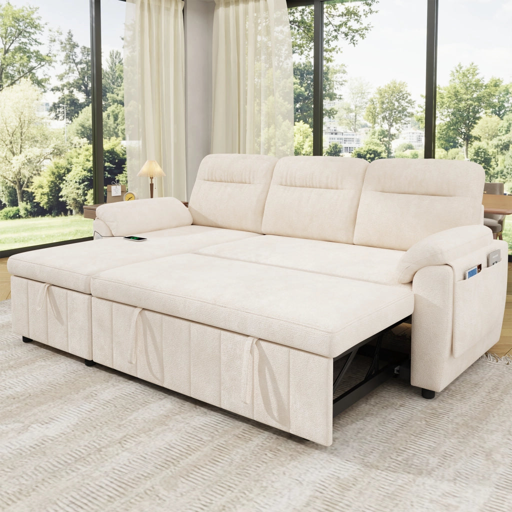 Divano angolare convertibile 3 posti - con funzione letto e chaise longue - in chenille beige