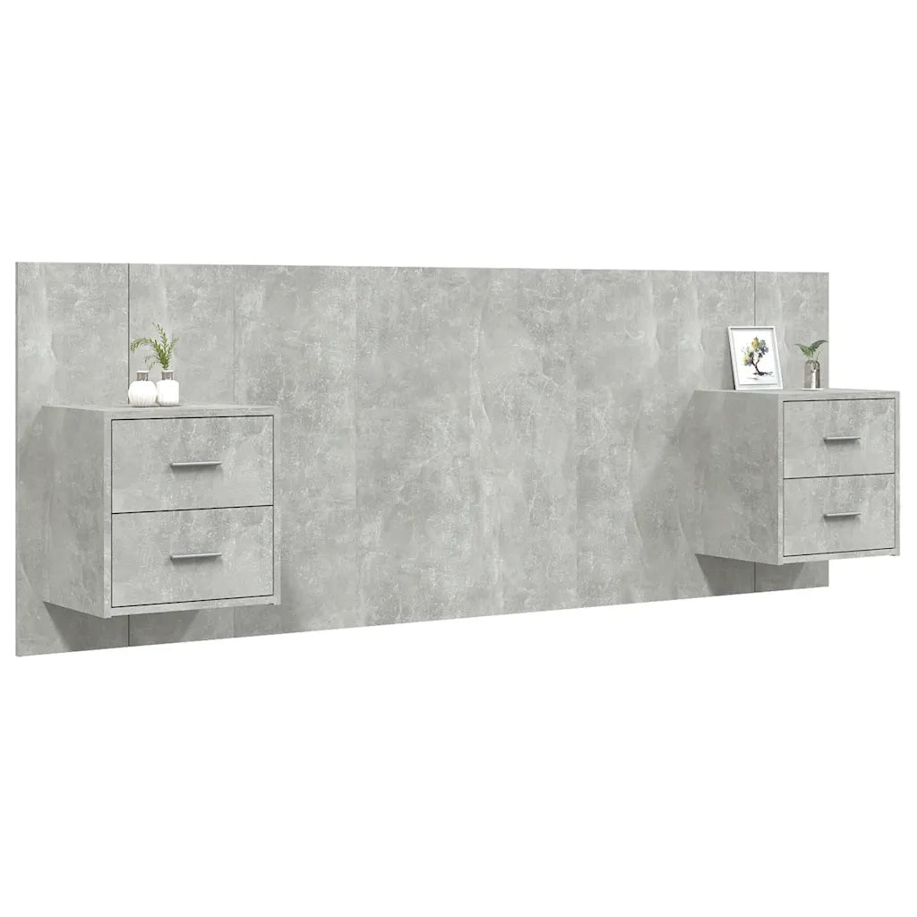 Testiera Letto con Comodini-Testiera con Contenitore in Legno Multistrato Grigio Cemento 530640