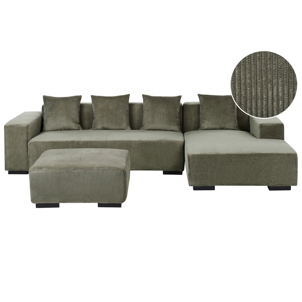 Divano angolare a L con cuscini 4 posti in velluto a coste verde con ottomana versione a sinistra stile elegante moderno