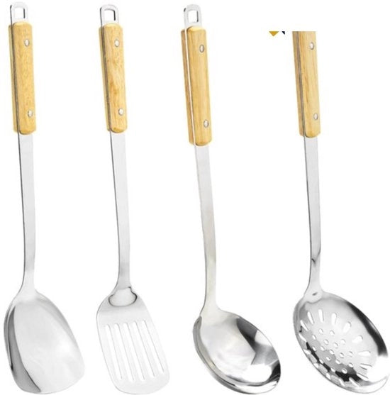 Set di Cucina Completo con Spatola per Wok, Spatola a Schiuma, Cucchiaio per Soffriggere e Spatola a Manico Lungo per Cottura Perfetta