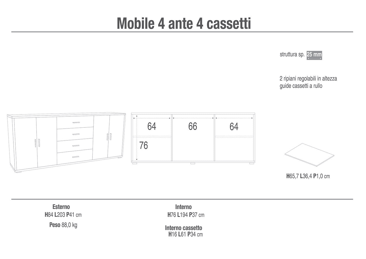 Mobile Basso 4 Ante 4 Cassetti 203x84x41 cm Noce Stelvio/Ossido Nero