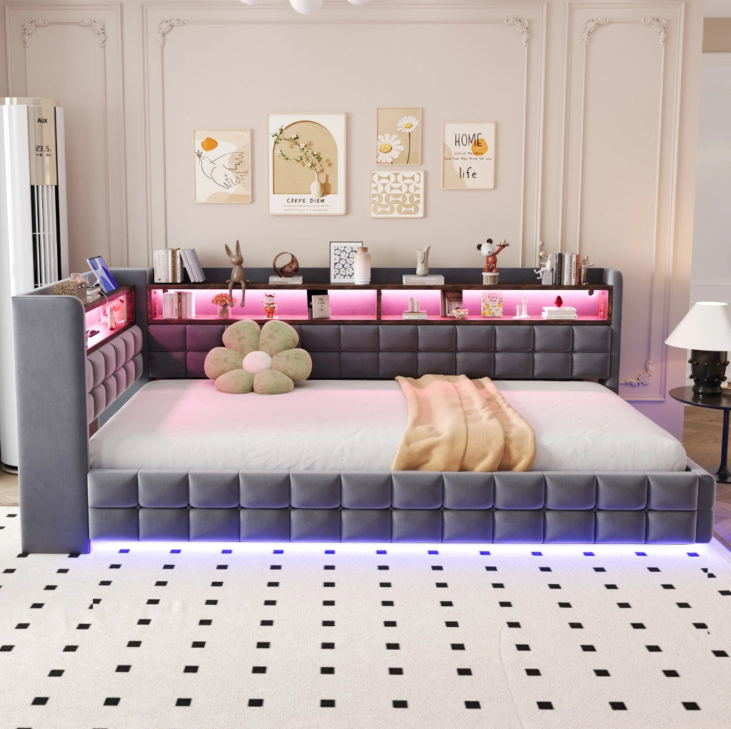 Divano letto imbottito 90x200 cm grigio con LED e ricarica USB