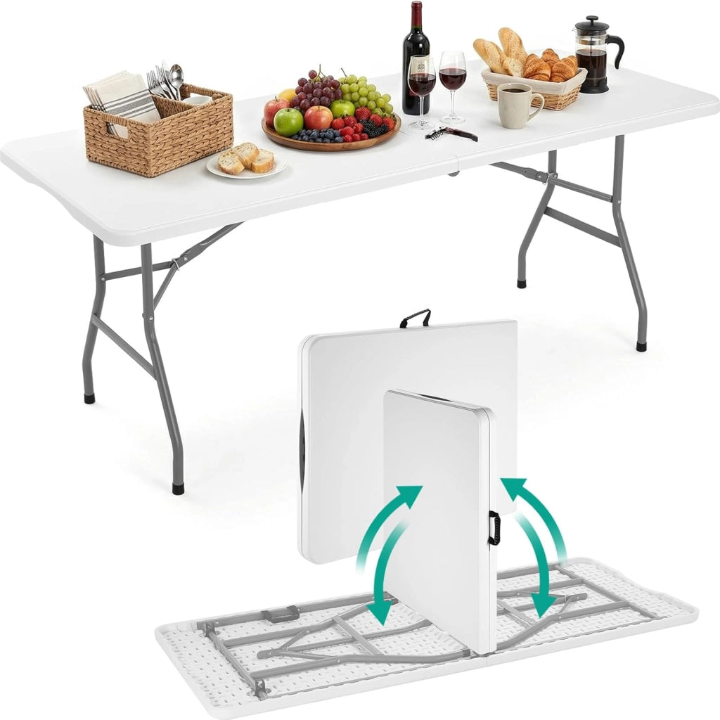 Tavolo da Giardino Pieghevole 180x75 cm,Tavolo da Buffet con Impugnatura di Trasporto,Tavolo Pieghevole in HDPE Plastica per 10 Persone,Ottica in Legno,Tavolo da Campeggio Tavolo Feste