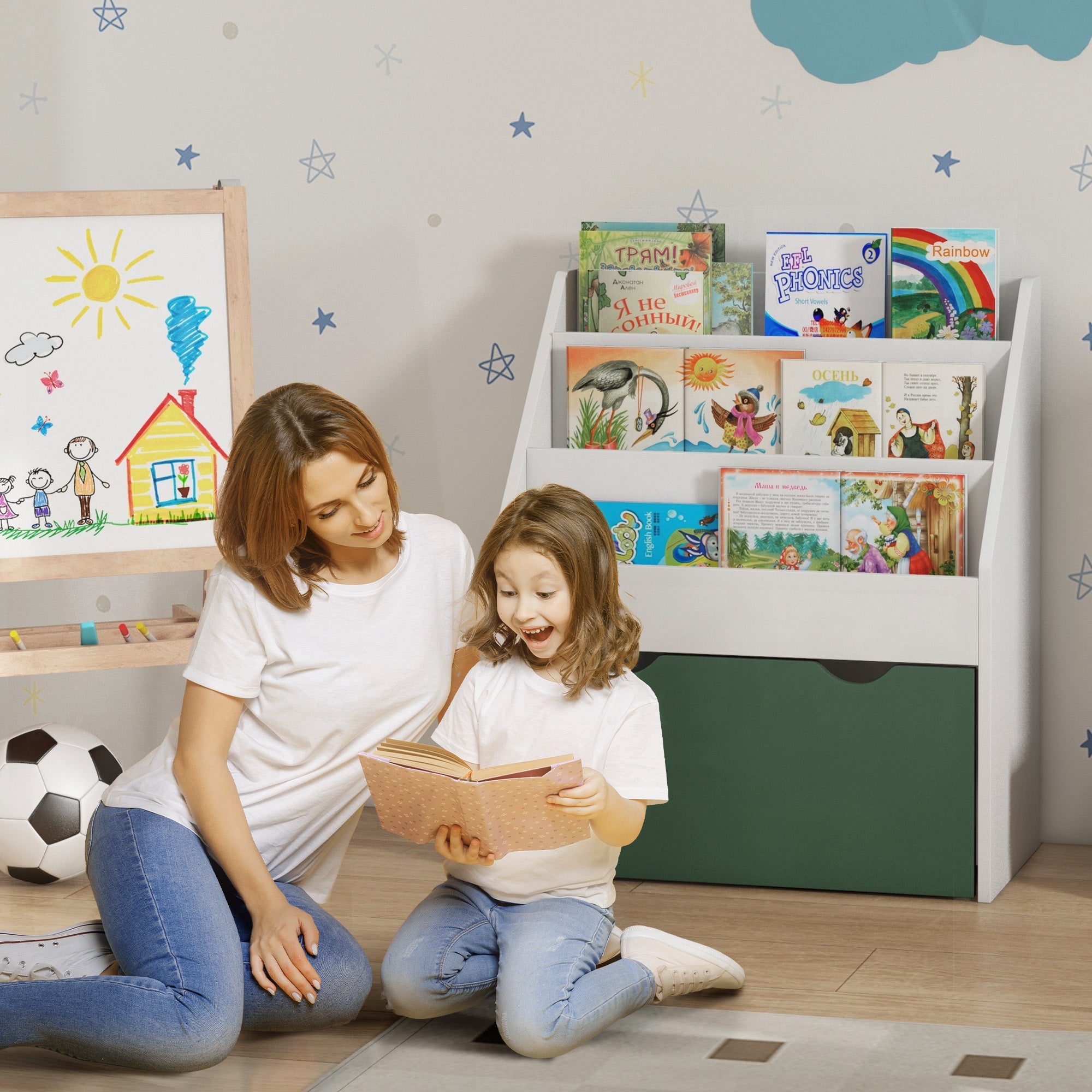 Libreria per Bambini 3-8 Anni 62.5x30x70 cm a 3 Ripiani con Cassetto Inferiore in MDF Verde