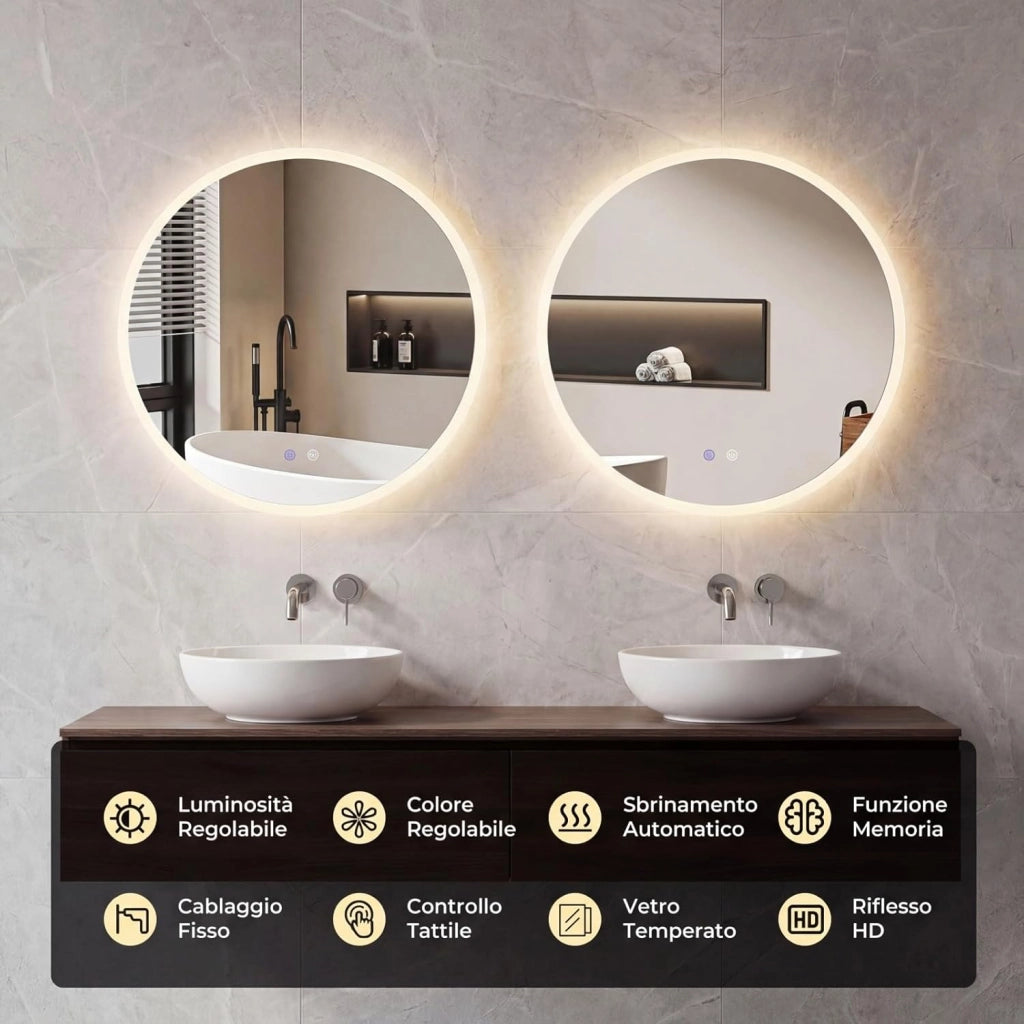 Specchio Rotondo con Luce 60 cm, Specchio Retroilluminato Bagno con 3 Colori Luce, Antideflagrante, Antiappannamento, Luminosità Regolabile, IP44, Memoria e Vetro Temperato HD (60 x 60 cm)