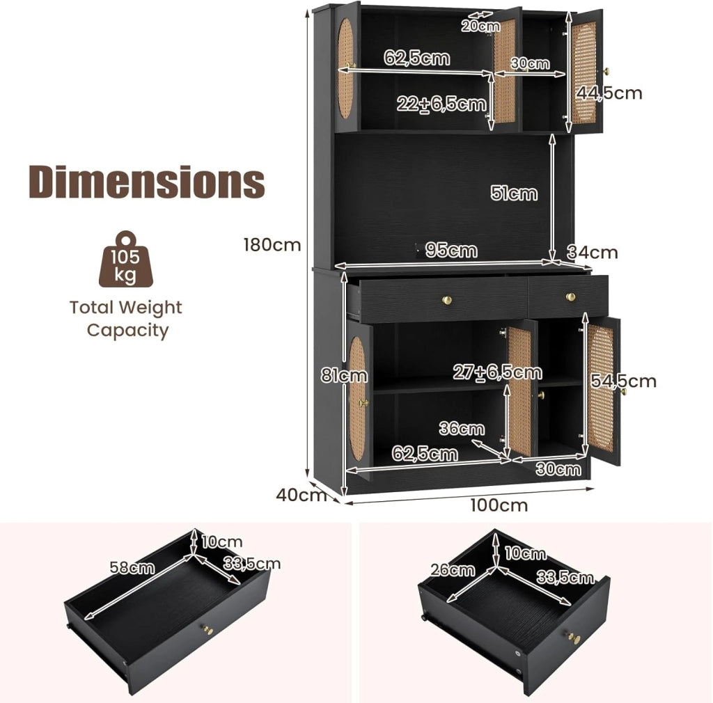 Credenza Alta da Cucina con Stazione di Ricarica, Armadio Dispensa con 2 Cassetti e Ante, Mobile Buffet con Ripiani Regolabili, per Sala da Pranzo, Soggiorno, 100 x 40 x 180 cm (Nero)