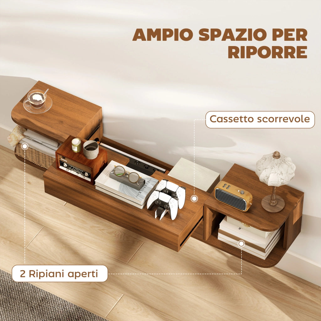 Mobile TV Sospeso fino 50' con Cassetto, Ripiani e Prese ¨C Minimal ¨C Noce 120x24x22.4 cm