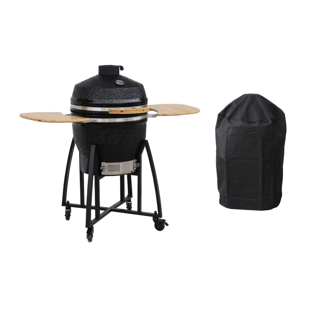Barbecue a carbone, griglia e affumicatore, ceramica 54,5cm con ruote,