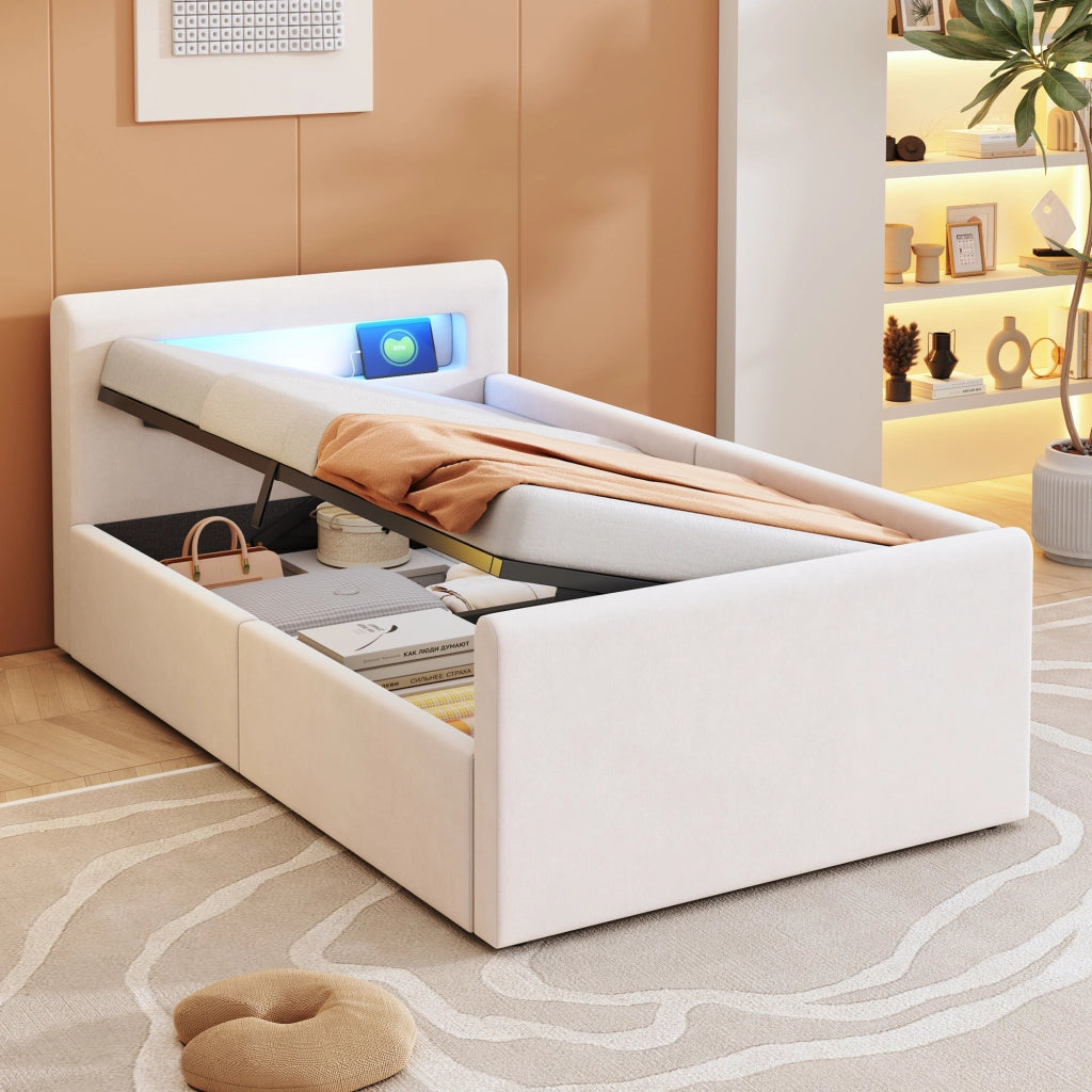 Letto 90x200 cm - Letto imbottito,Con luce notturna,Porta di ricarica USB,Con vani portaoggetti,Velluto,Funzione di accumulo idraulico,Beige