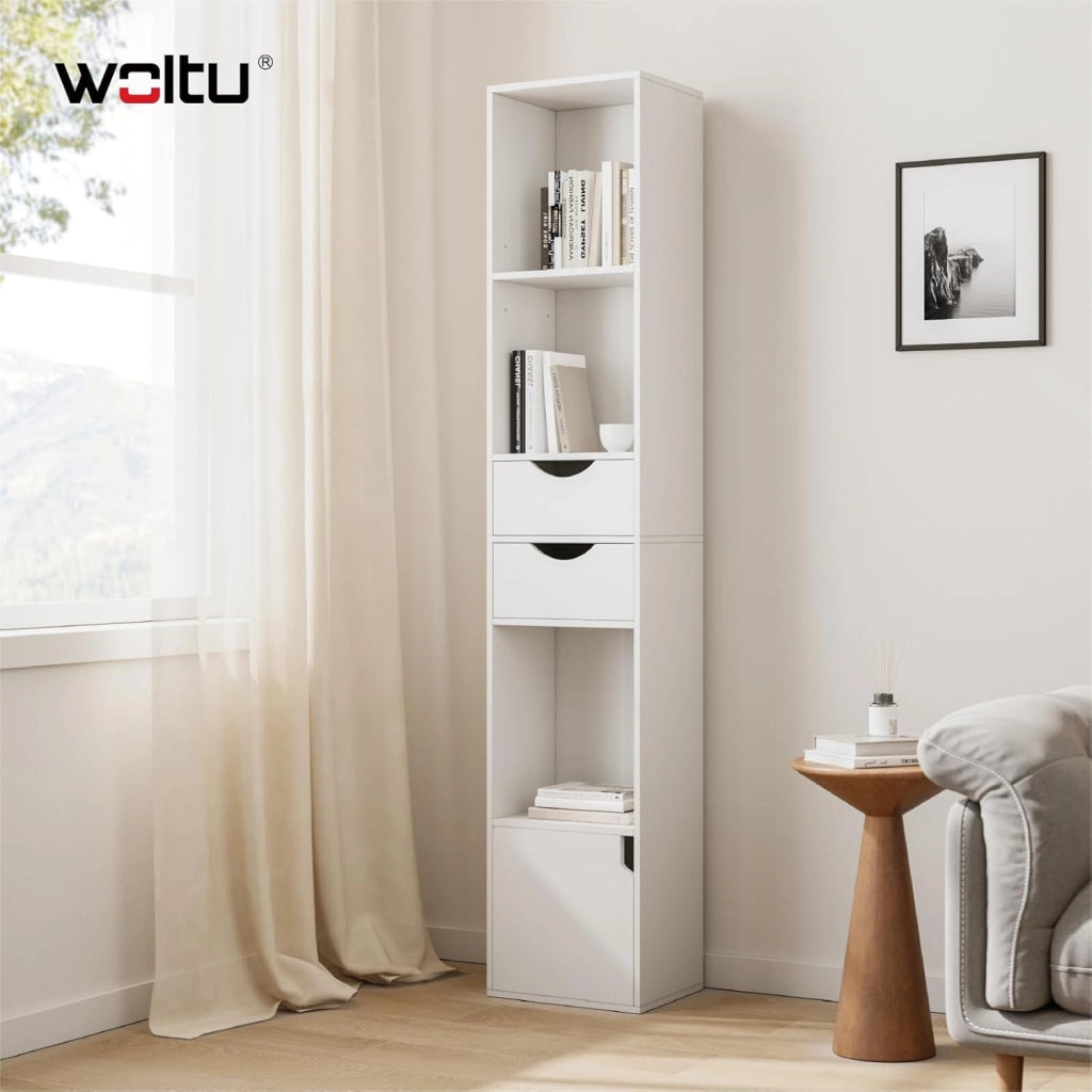 Libreria Verticale, in Legno, con 3 Vani Aperti, 2 Cassetti e 1 Armadietto, Mobile Portaoggetti da Terra con Ripiano Regolabile, Bianco, 30x24x158cm