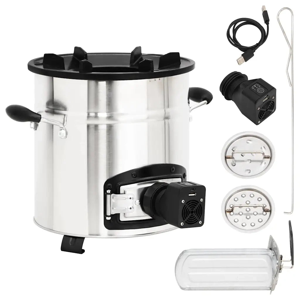Stufa a Legna con Ventola USB Argento 35,5x26x28cm Acciaio Inox cod mxl 66792