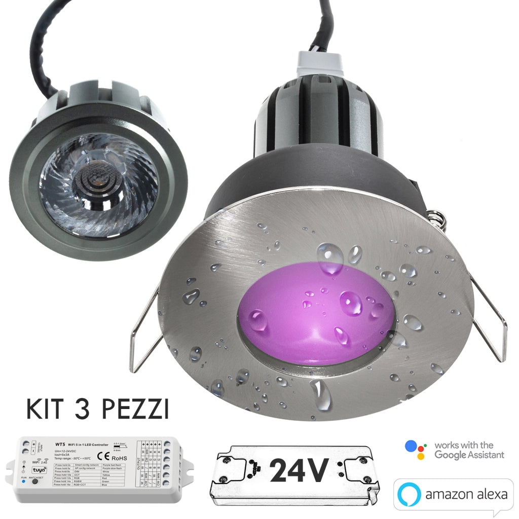 Faretto SMART WiFi cromoterapia IP65 doccia LED6W multicolore 24V Alexa Google alimentatore RGBW 4000K SPAZZOLATO 3pz