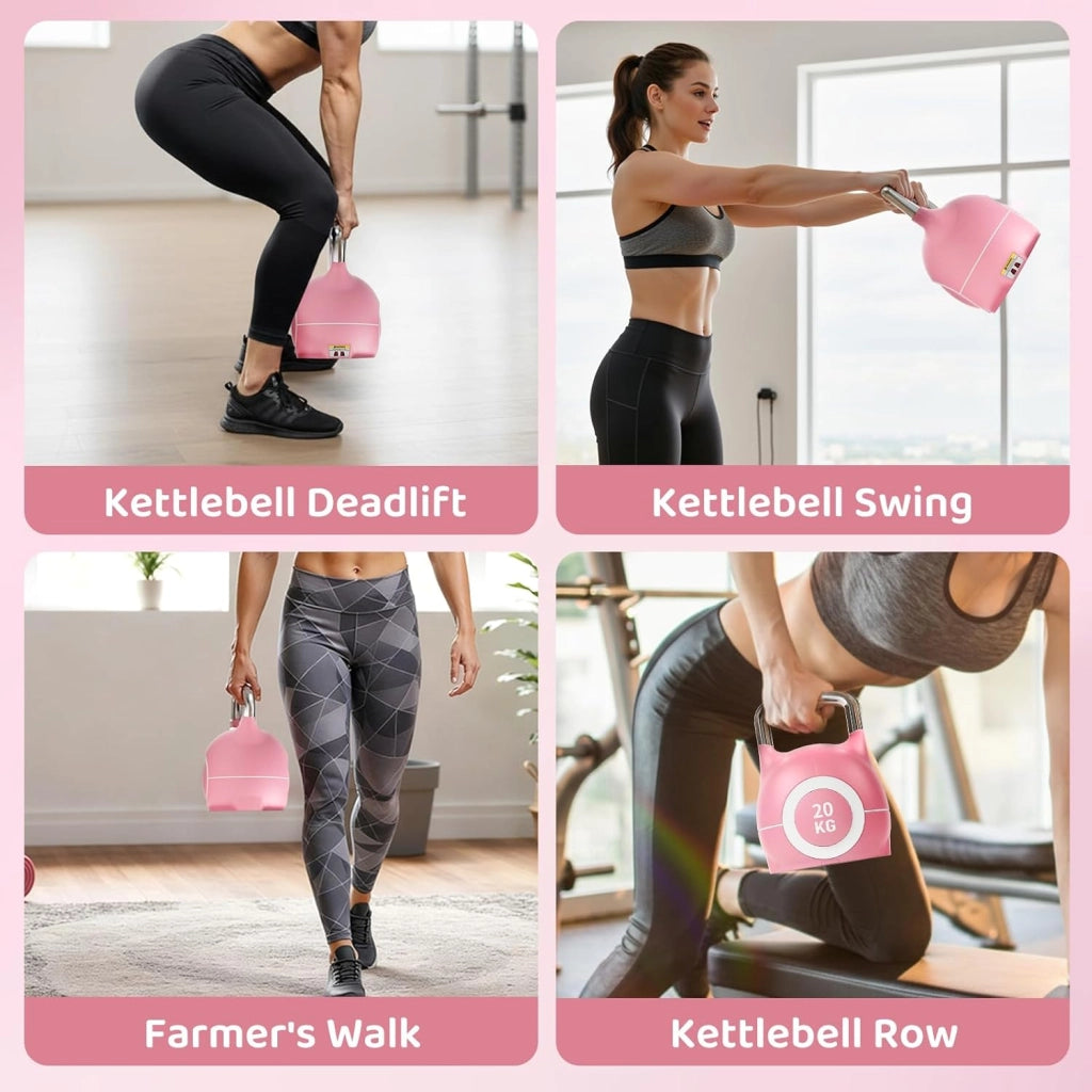Kettlebell Regolabile 7 in 1, 20 kg Kettlebell con 7 Livelli di Peso, Manubrio per Allenamento a Casa & Fitness, Ideale per Allenamento Completo del Corpo, Compatto & Salvaspazio (Rosa, 20KG)