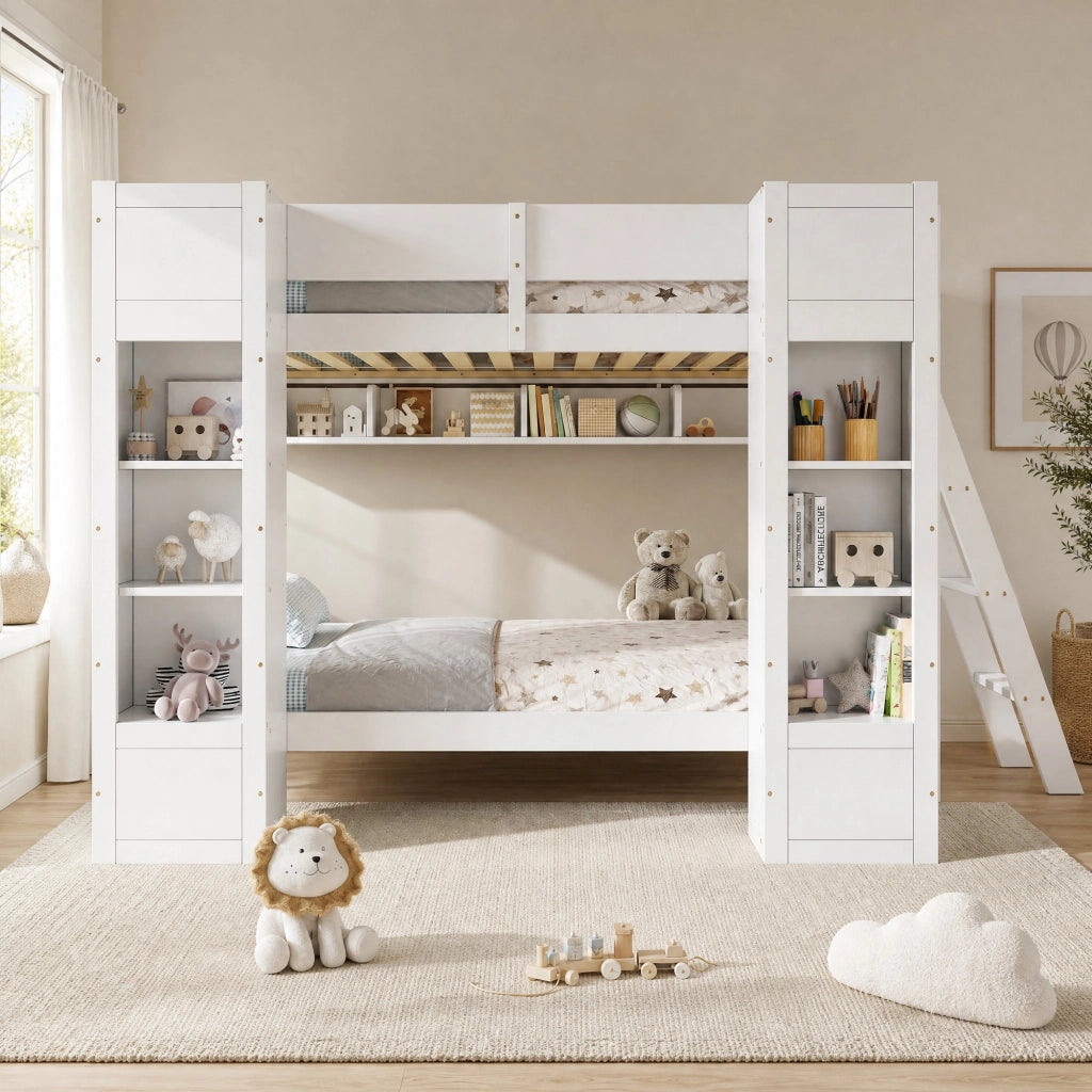 Letto a castello 90 × 200 cm con 2 armadi frontali, ripiano sospeso, scala reversibile, senza materasso, bianco