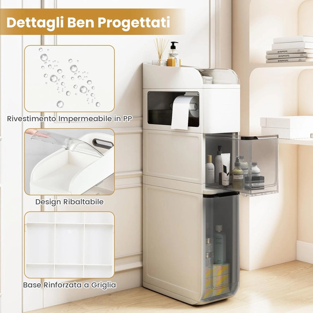 Mobile da Bagno a 4 Ripiani, Mobiletto Stretto da Pavimento con 2 Cassetti, Portafazzoletti e Ripiano Superiore, Armadietto Impermeabile in Plastica su Ruote per Camera da Letto (Bianco)
