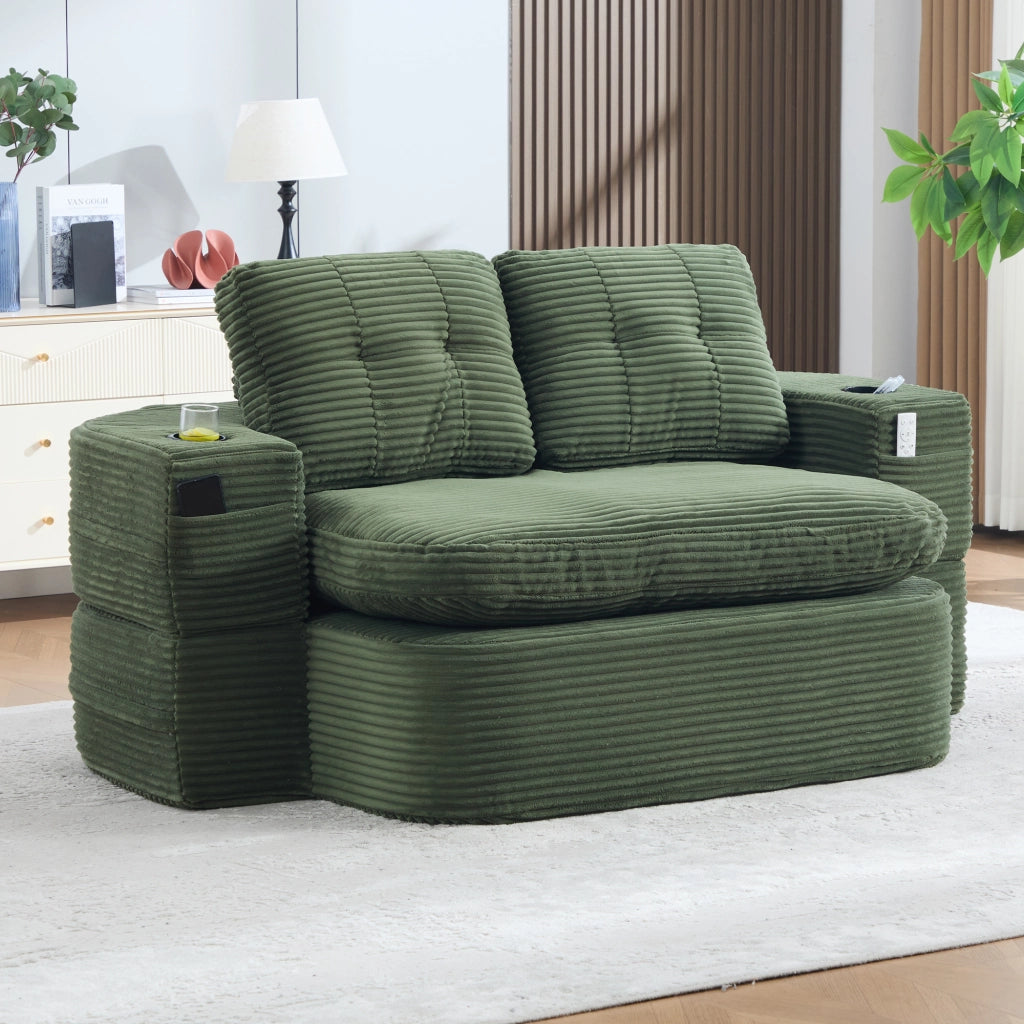 POLTRONA 2 in 1 trasformabile in chaise longue velluto a coste smeraldo con 2 portabicchieri