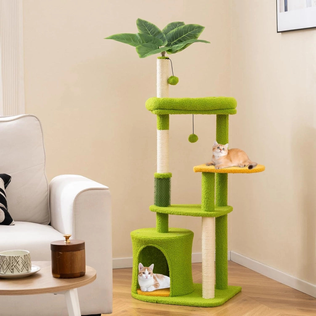 Albero per Gatti, Tiragraffi per Gattini a Tema Foresta con Foglie Artificiali, Condominio, Postazione Imbottita, Pali per Graffiare in Sisal e Pompom, Albero Tiragraffi per Gatti da Interno