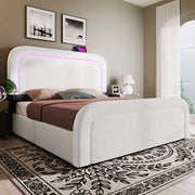 Letto imbottito 160x200 cm con USB Type-C; LED e 4 cassetti in Sherpa bianco