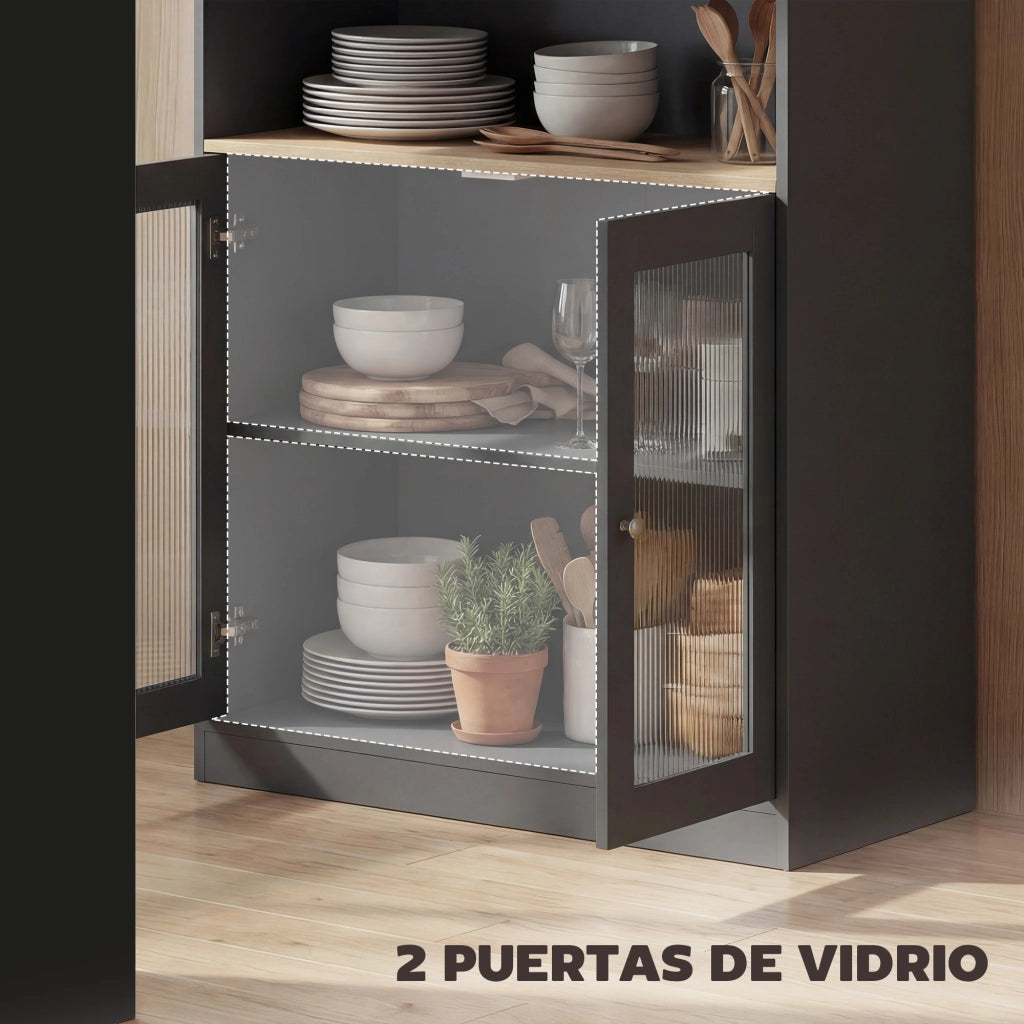 Tavolo da Bar Allungabile e Girevole con Ripiani e 2 Ante in Vetro ¨C Zephmum ¨C 150x80x105,5 cm Nero e Naturale