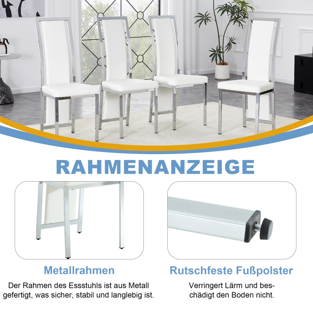 Set 4 sedie da pranzo moderne con schienale alto; 109 cm; in PU bianco e metallo argento