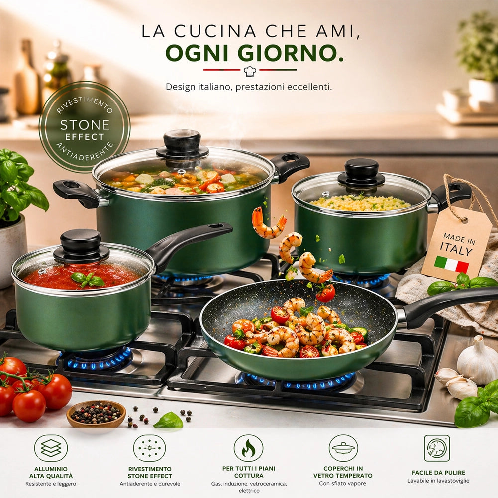 Batteria di Pentole Natura Più 9 Pezzi Verde Antiaderente con Manici Cool Touch
