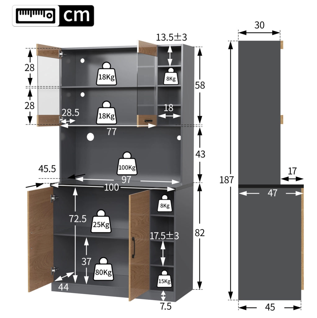 Credenza da cucina con LED, vano centrale e ripiani regolabili