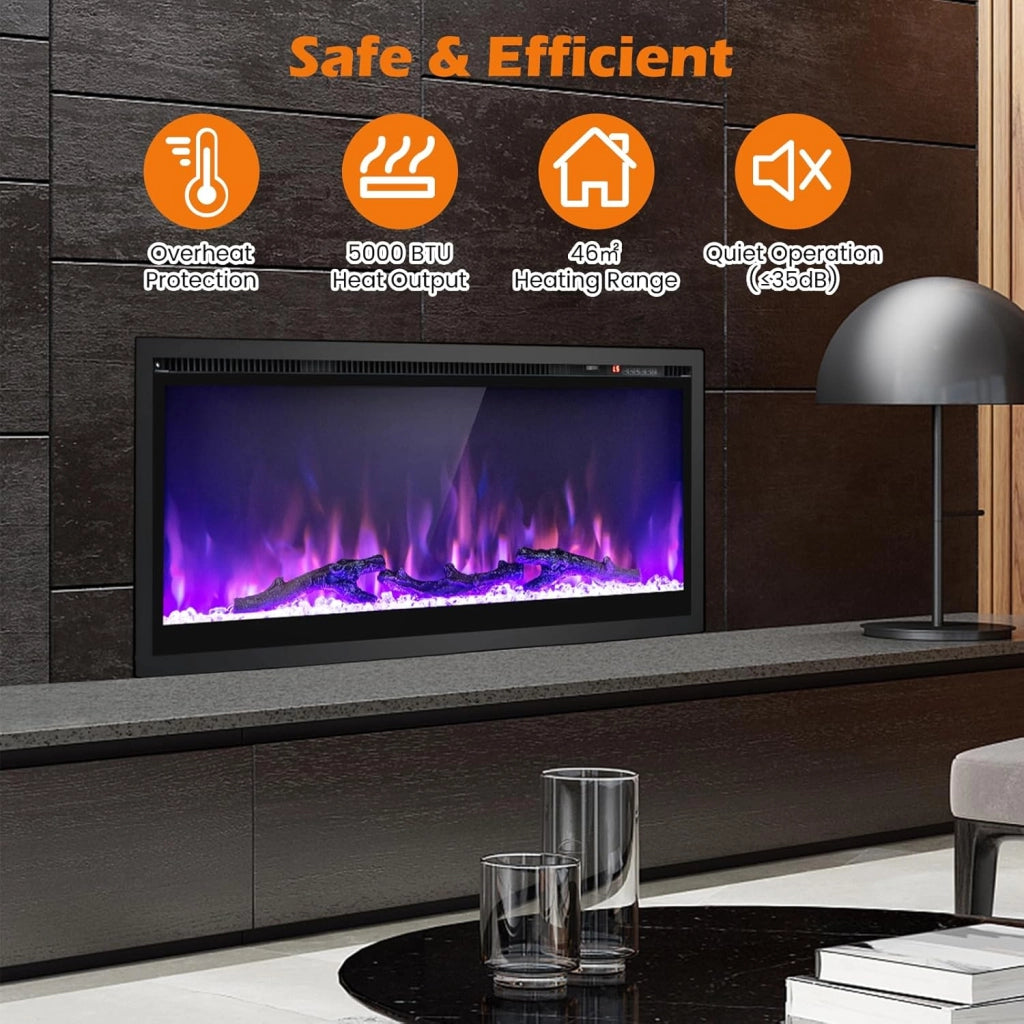 Camino Elettrico 750W/1500W, Caminetto Elettrico con Effetto Fiamma LED a 9 Colori, 5 Livelli di Luminosità,18-28℃, Protezione Anti Surriscaldamento, Telecomando (91,44 x 14,2 x 45 CM)