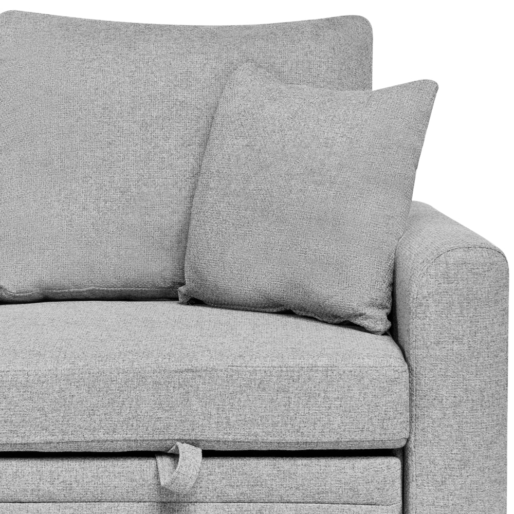 Divano letto angolare con contenitore lato destro grigio rivestimento in poliestere effetto lino contenitore cuscini design moderno