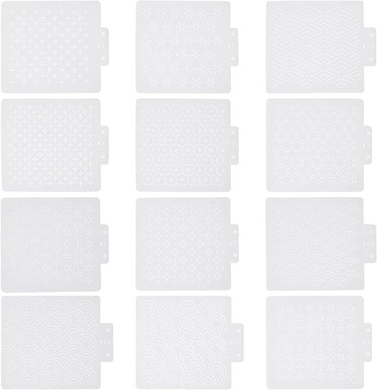 Set di 12 stencil in plastica per patchwork a mano - Disegno geometrico bianco - 6,5" x 6,3" - Ricamo e broderie - Stabilizzatori per stencil - Scheda per patchwork.
