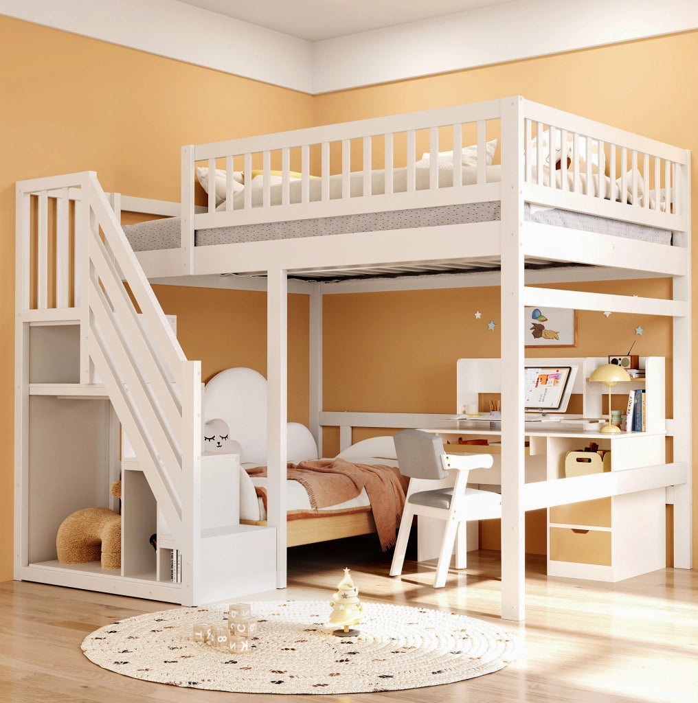 LETTO a soppalco 140x200 cm con scala contenitore, bianco, per bambini e ragazzi