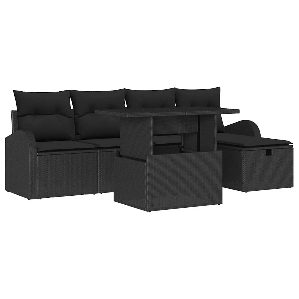 Set Divano da Giardino con cuscino 6 pcs Nero Poly Rattan