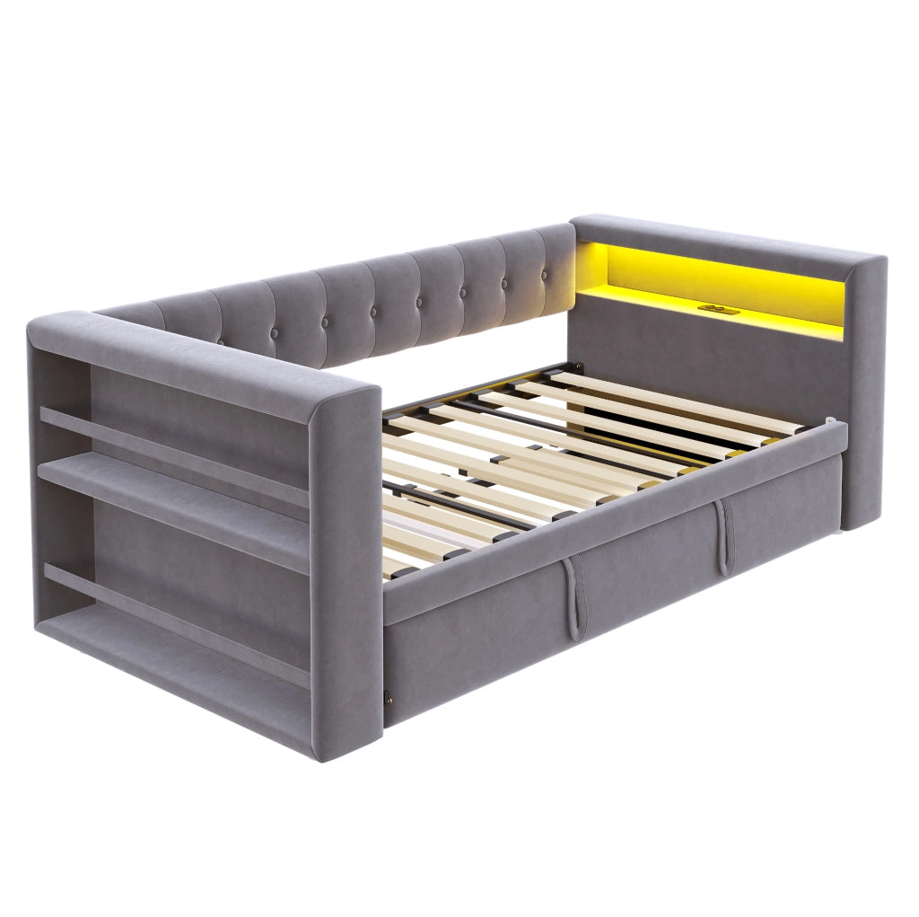 Divano letto multifunzionale 90/180x190 cm con LED, presa integrata e contenitori