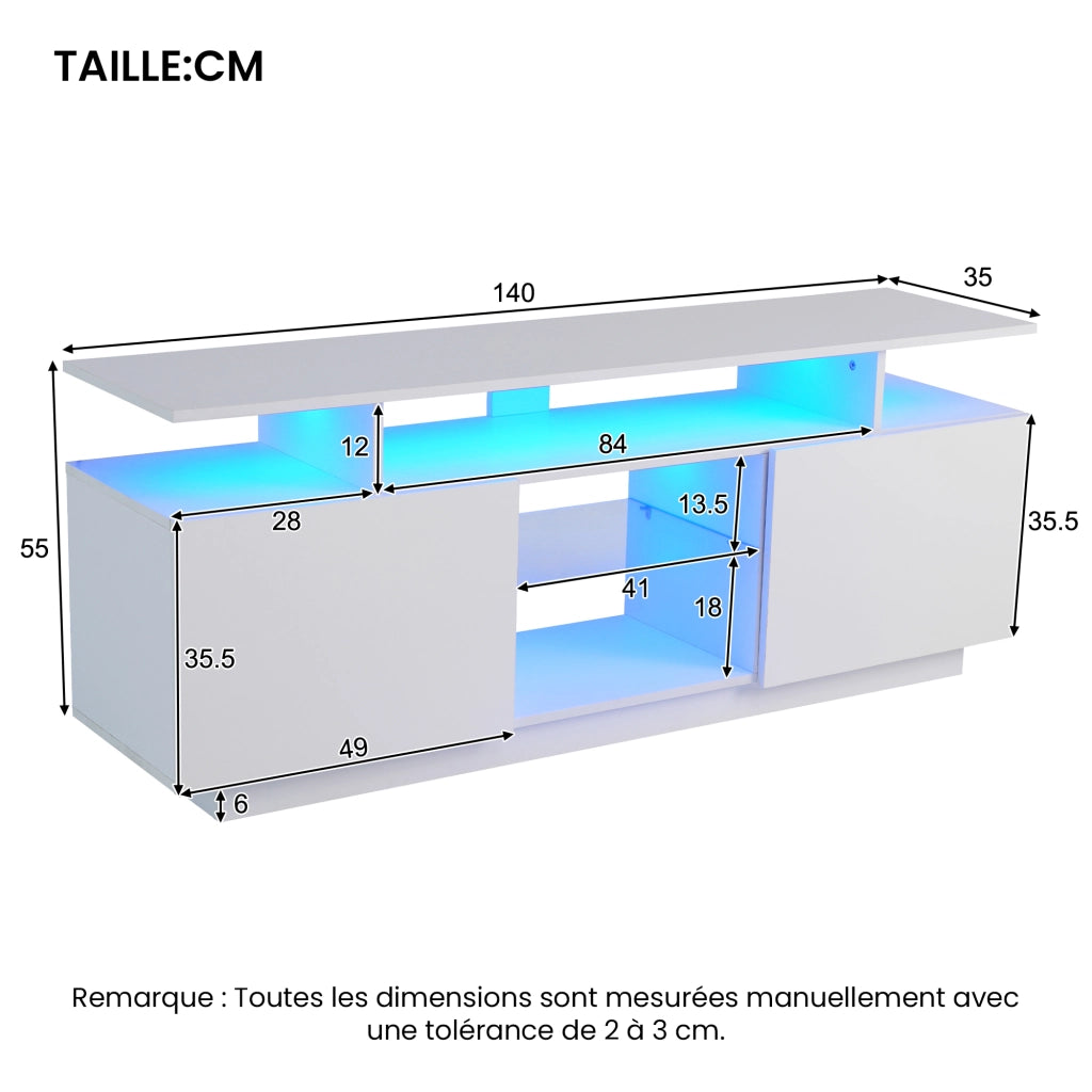 Mobile TV con 2 Ante e 5 Vani Aperti e LED Controllato da App; in Pannello Truciolare; Bianco; 140×35×55 cm
