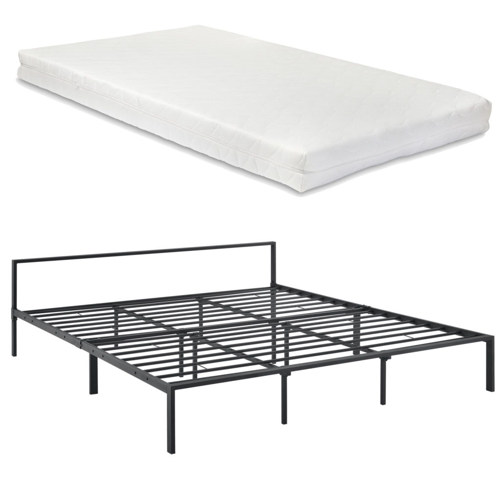 Struttura Letto in Metallo con Testiera Bassa con Materasso a Schiuma Fredda 180 x 200 cm Letto Matrimoniale King Size - Nero