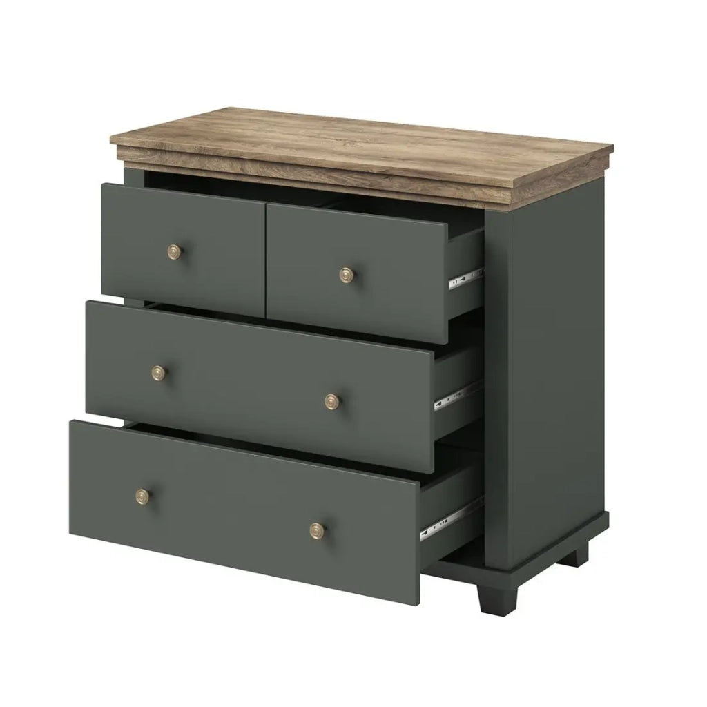 Cassettiera design con 4 cassetti. Colore verde kaki e quercia. Collezione ASSIA.